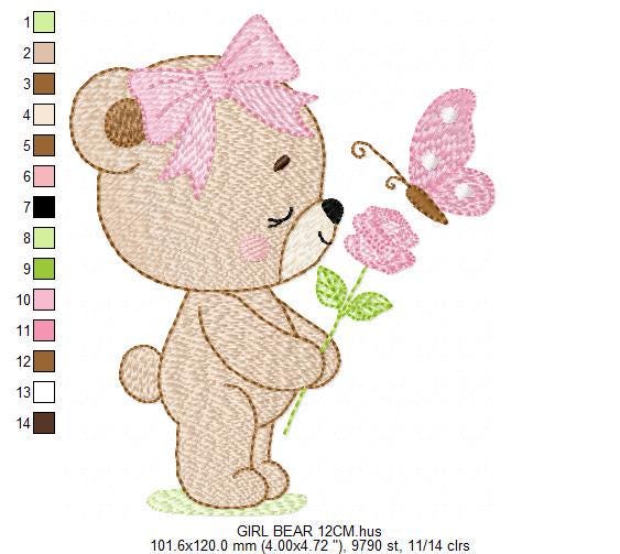 Female Bear embroidery designs - Bear with lace and butterfly embroidery design machine embroidery pattern - Flower bow - Instant download