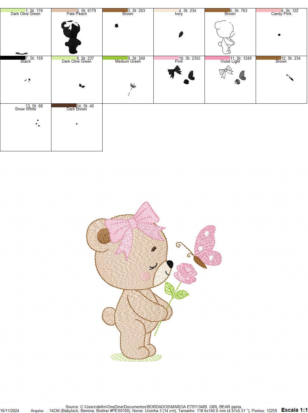 Female Bear embroidery designs - Bear with lace and butterfly embroidery design machine embroidery pattern - Flower bow - Instant download
