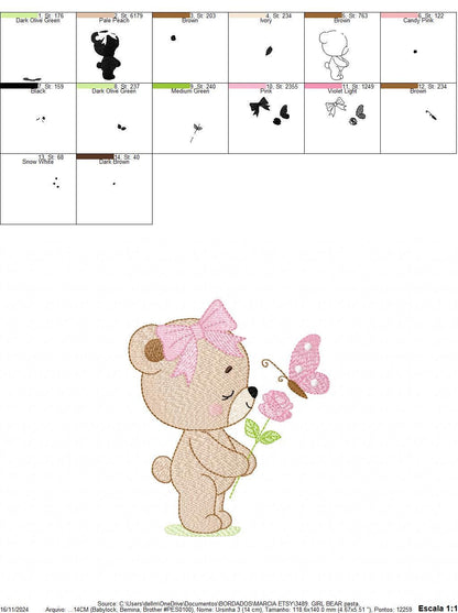 Female Bear embroidery designs - Bear with lace and butterfly embroidery design machine embroidery pattern - Flower bow - Instant download