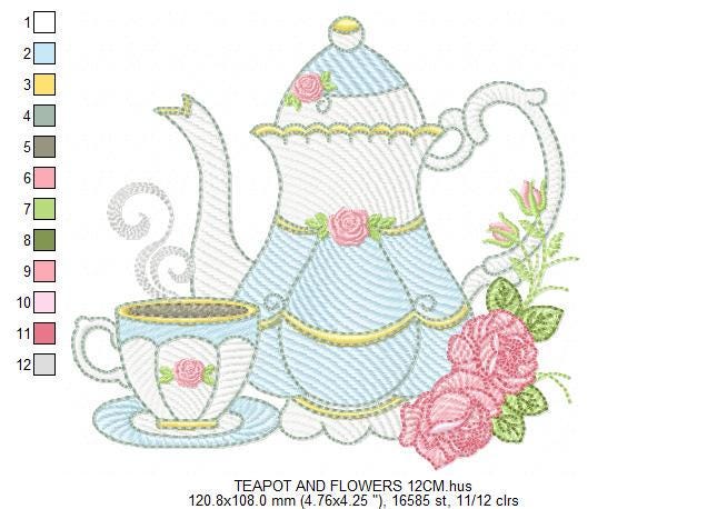 Teapot with roses embroidery design - Cup with flowers machine embroidery pattern - Kitchen Tea Towel file - Instant digital download pes jef