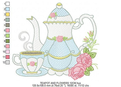 Teapot with roses embroidery design - Cup with flowers machine embroidery pattern - Kitchen Tea Towel file - Instant digital download pes jef
