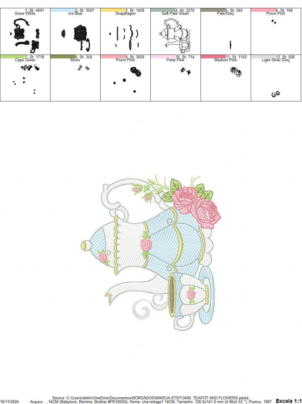 Teapot with roses embroidery design - Cup with flowers machine embroidery pattern - Kitchen Tea Towel file - Instant digital download pes jef