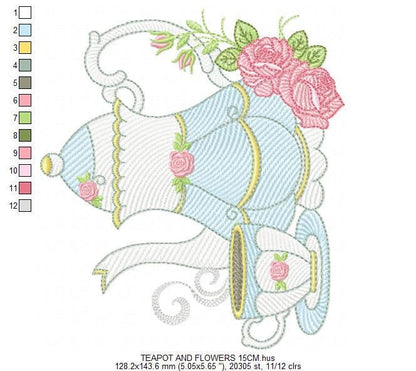 Teapot wih roses embroidery design - Cup with flowers embroidery designs machine embroidery pattern - Kitchen Towel file - Instant download