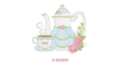 Teapot with roses embroidery design - Cup with flowers machine embroidery pattern - Kitchen Tea Towel file - Instant digital download pes jef