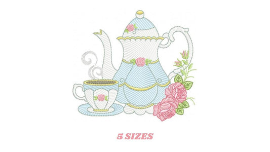 Teapot with roses embroidery design - Cup with flowers machine embroidery pattern - Kitchen Tea Towel file - Instant digital download pes jef