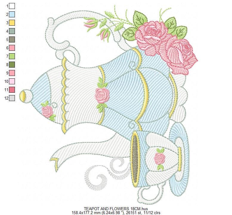 Teapot with roses embroidery design - Cup with flowers machine embroidery pattern - Kitchen Tea Towel file - Instant digital download pes jef