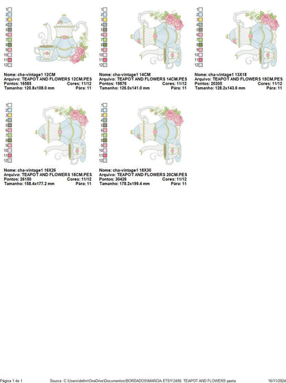 Teapot wih roses embroidery design - Cup with flowers embroidery designs machine embroidery pattern - Kitchen Towel file - Instant download