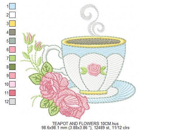 Coffee cup embroidery design - Tea Mug with roses embroidery designs machine embroidery pattern - Kitchen Towel file - Instant download pes