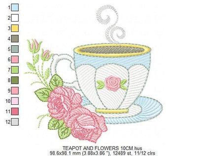 Coffee cup embroidery design - Tea Mug with roses embroidery designs machine embroidery pattern - Kitchen Towel file - Instant download pes