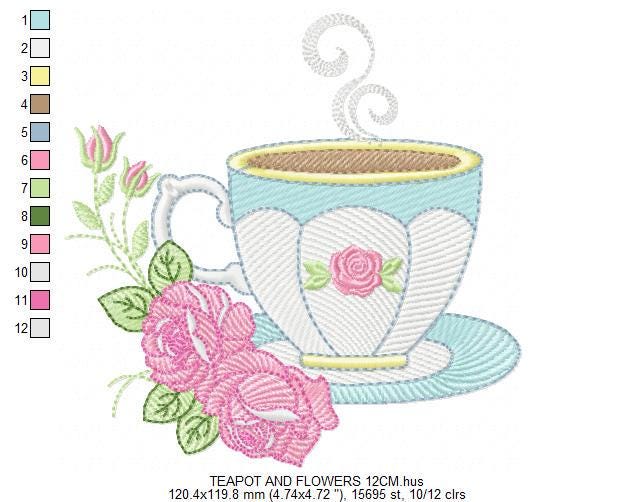 Coffee cup embroidery design - Tea Mug with roses embroidery designs machine embroidery pattern - Kitchen Towel file - Instant download pes