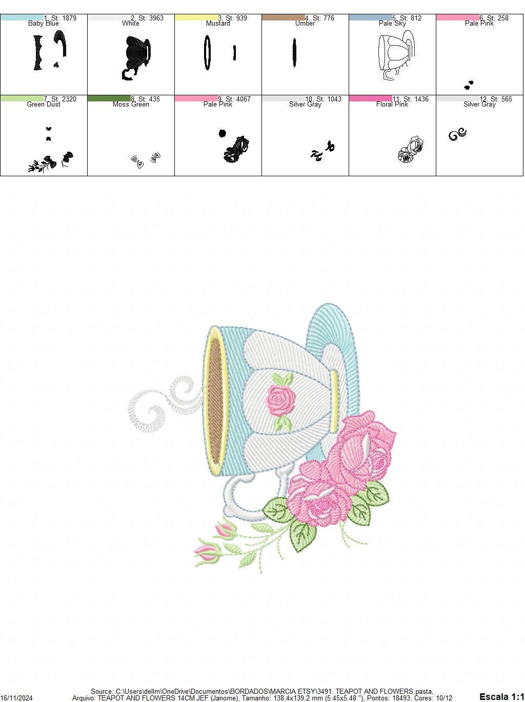 Coffee cup embroidery design - Tea Mug with roses embroidery designs machine embroidery pattern - Kitchen Towel file - Instant download pes