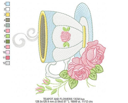 Coffee cup embroidery design - Tea Mug with roses embroidery designs machine embroidery pattern - Kitchen Towel file - Instant download pes