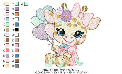 Giraffe with balloons embroidery design - Safari Animal with flowers embroidery machine pattern - Girl Giraffe with lace - Instant download