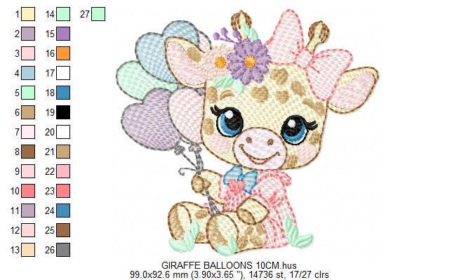 Giraffe with balloons embroidery design - Safari Animal with flowers embroidery machine pattern - Girl Giraffe with lace - Instant download