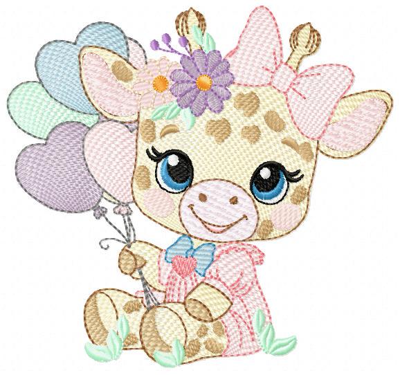 Giraffe with balloons embroidery design - Safari Animal with flowers embroidery machine pattern - Girl Giraffe with lace - Instant download