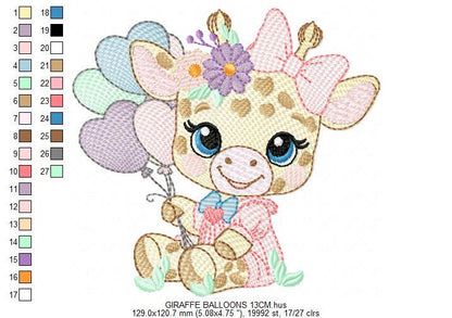 Giraffe with balloons embroidery design - Safari Animal with flowers embroidery machine pattern - Girl Giraffe with lace - Instant download