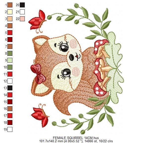 Female Squirrel with lace and bees embroidery design - Woodland Animal embroidery designs machine embroidery pattern - Instant download pes
