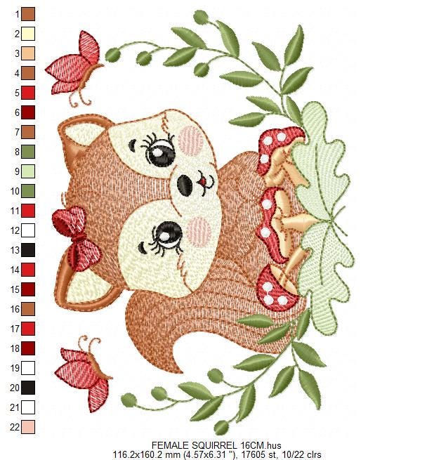 Female Squirrel with lace and bees embroidery design - Woodland Animal embroidery designs machine embroidery pattern - Instant download pes