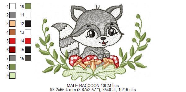 Raccoon embroidery designs - Woodland Forest Animal embroidery design machine embroidery pattern - Raccoon with mushrooms - Instant download