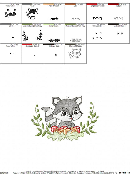 Raccoon embroidery designs - Woodland Forest Animal embroidery design machine embroidery pattern - Raccoon with mushrooms - Instant download