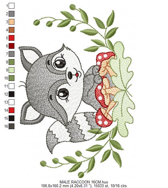 Raccoon embroidery designs - Woodland Forest Animal embroidery design machine embroidery pattern - Raccoon with mushrooms - Instant download