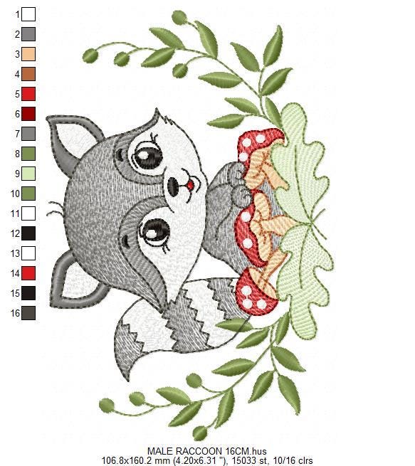 Raccoon embroidery designs - Woodland Forest Animal embroidery design machine embroidery pattern - Raccoon with mushrooms - Instant download