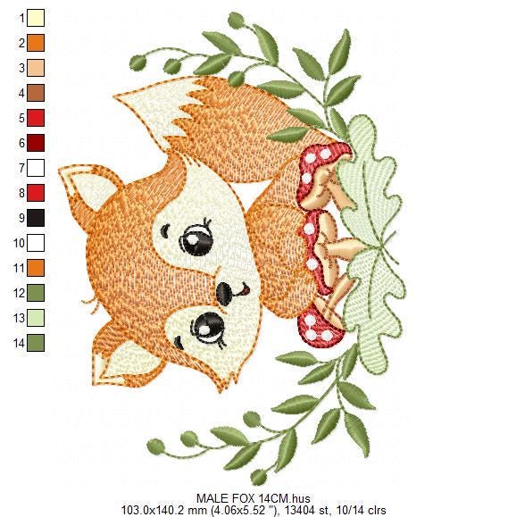 Red Fox embroidery designs - Woodland Forest Animal embroidery design machine embroidery pattern - Boy Fox with mushrooms - Instant download