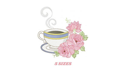 Coffee cup with roses embroidery design - Tea Mug with flowers embroidery designs machine embroidery pattern - Kitchen - Instant download