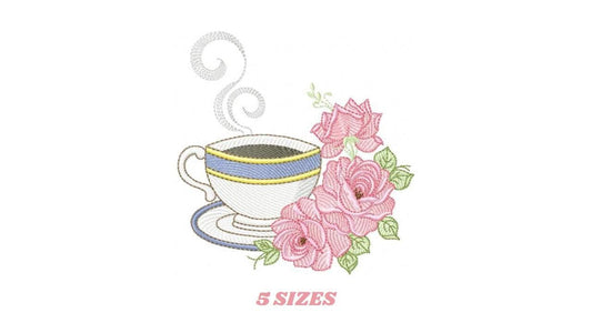 Coffee cup with roses embroidery design - Tea Mug with flowers embroidery designs machine embroidery pattern - Kitchen - Instant download
