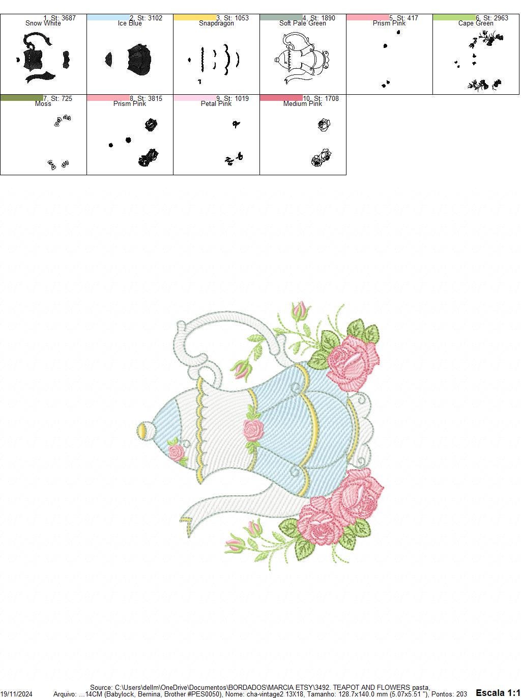 Teapot with roses embroidery design - Cup with flowers embroidery designs machine embroidery pattern - Kitchen Towel file - Instant download