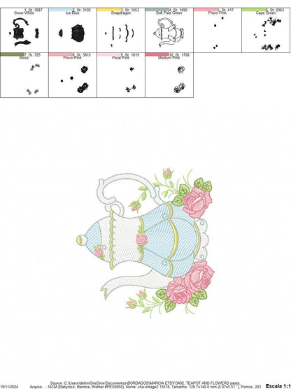 Teapot with roses embroidery design - Cup with flowers embroidery designs machine embroidery pattern - Kitchen Towel file - Instant download