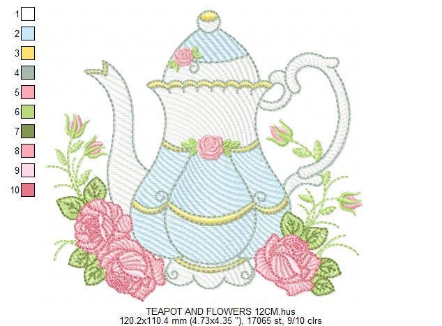 Teapot with roses embroidery design - Cup with flowers embroidery designs machine embroidery pattern - Kitchen Towel file - Instant download
