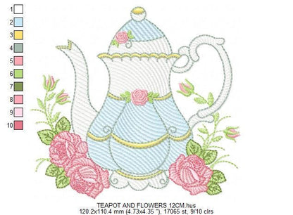 Teapot with roses embroidery design - Cup with flowers embroidery designs machine embroidery pattern - Kitchen Towel file - Instant download