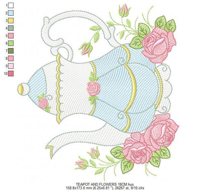Teapot wih roses embroidery design - Cup with flowers embroidery designs machine embroidery pattern - Kitchen Towel file - Instant download