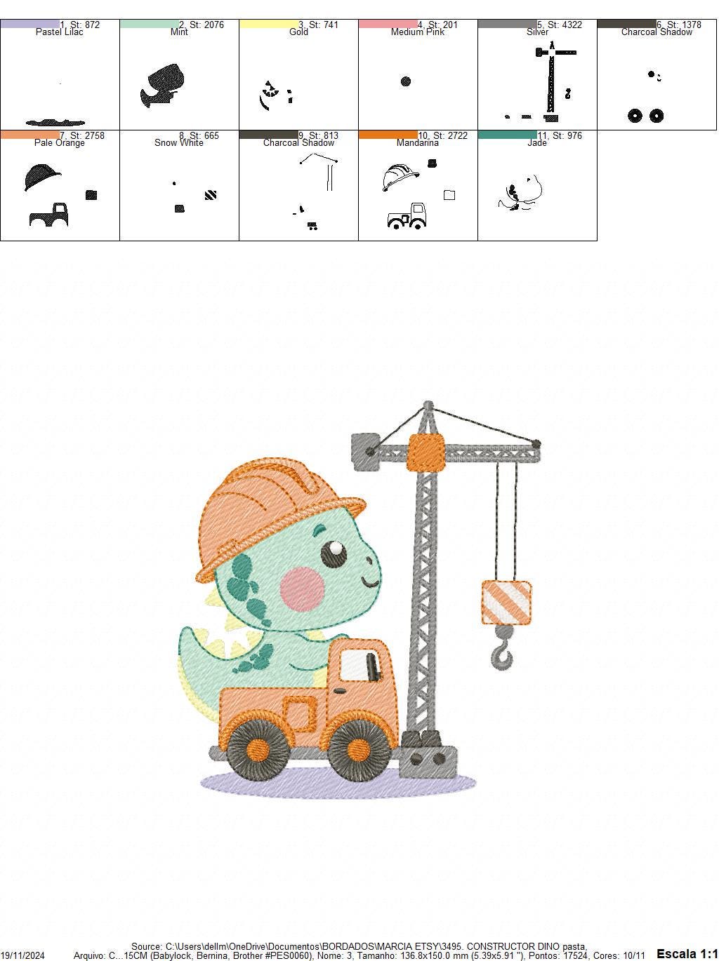 Dinosaur embroidery designs - Constructor Dino embroidery design machine embroidery pattern - Baby Boy builder Crane - Instant download pes