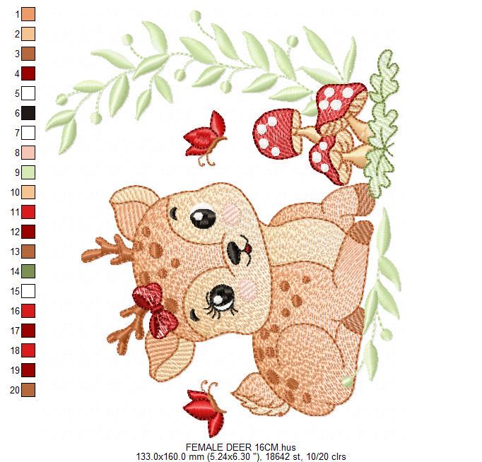Deer with bow embroidery design - Forest Animal embroidery designs machine embroidery pattern - Deer with mushrooms - Instant download pes