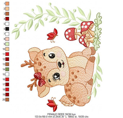 Deer with bow embroidery design - Forest Animal embroidery designs machine embroidery pattern - Deer with mushrooms - Instant download pes