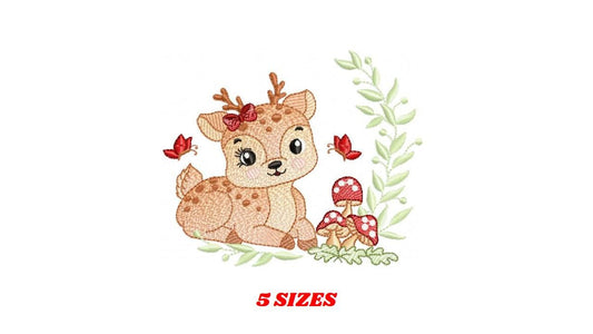 Deer with bow embroidery design - Forest Animal embroidery designs machine embroidery pattern - Deer with mushrooms - Instant download pes
