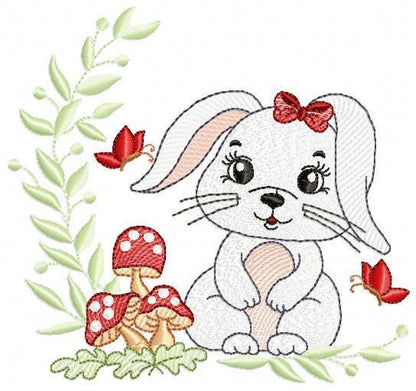 Female Bunny embroidery design - Rabbit with lace and laurel frame machine embroidery pattern - Woodland animal girl - Instant download pes