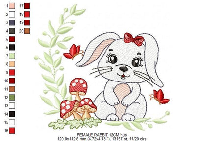 Female Bunny embroidery design - Rabbit with lace and laurel frame machine embroidery pattern - Woodland animal girl - Instant download pes