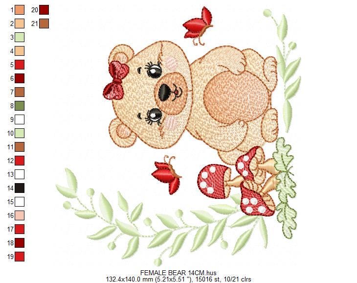 Female Bear embroidery designs - Baby girl machine embroidery pattern - Bear with butterfly mushroom and laurel frame - Instant download
