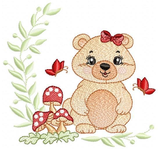 Female Bear embroidery designs - Baby girl machine embroidery pattern - Bear with butterfly mushroom and laurel frame - Instant download