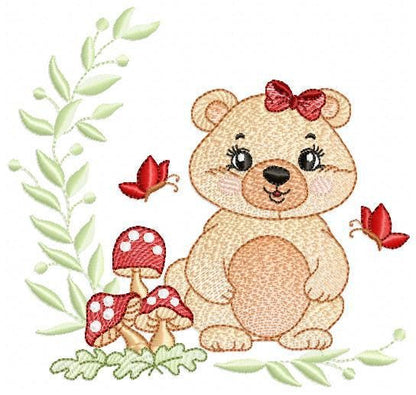 Female Bear embroidery designs - Baby girl machine embroidery pattern - Bear with butterfly mushroom and laurel frame - Instant download