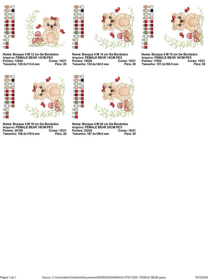 Female Bear embroidery designs - Baby girl machine embroidery pattern - Bear with butterfly mushroom and laurel frame - Instant download