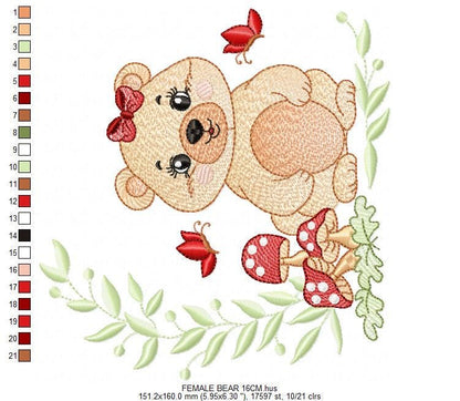 Female Bear embroidery designs - Baby girl machine embroidery pattern - Bear with butterfly mushroom and laurel frame - Instant download