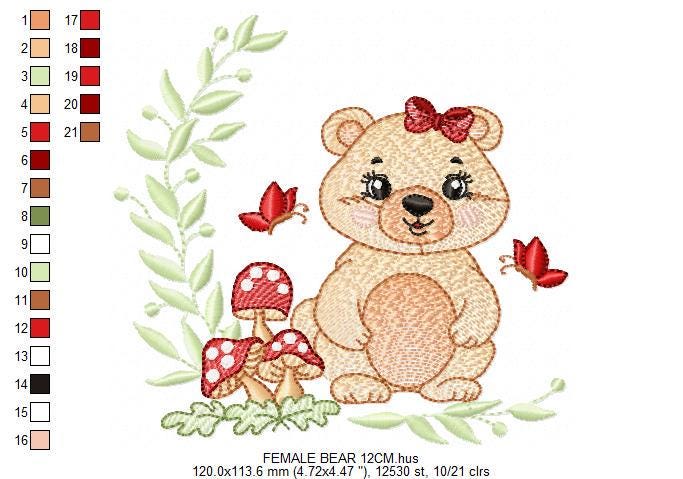 Female Bear embroidery designs - Baby girl machine embroidery pattern - Bear with butterfly mushroom and laurel frame - Instant download