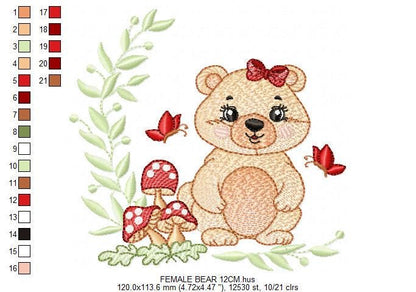 Female Bear embroidery designs - Baby girl machine embroidery pattern - Bear with butterfly mushroom and laurel frame - Instant download