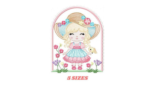 Girl with hat embroidery designs - Gardner girl embroidery design machine embroidery pattern - Girl with flowers file - Instant download pes