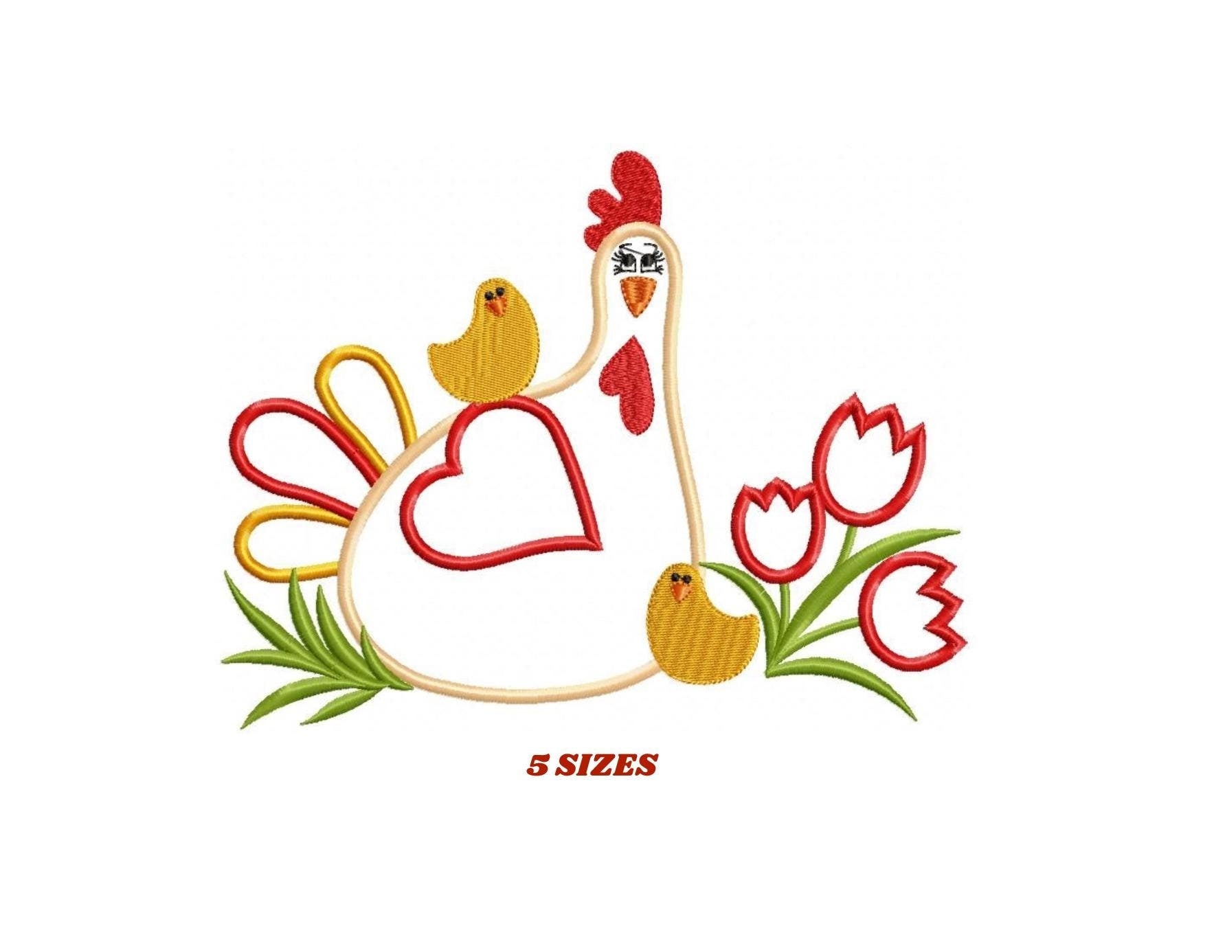 Chicken with flowers embroidery designs - Farm animal embroidery design machine embroidery pattern - Chicken applique - Instant download pes