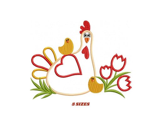 Chicken with flowers embroidery designs - Farm animal embroidery design machine embroidery pattern - Chicken applique - Instant download pes
